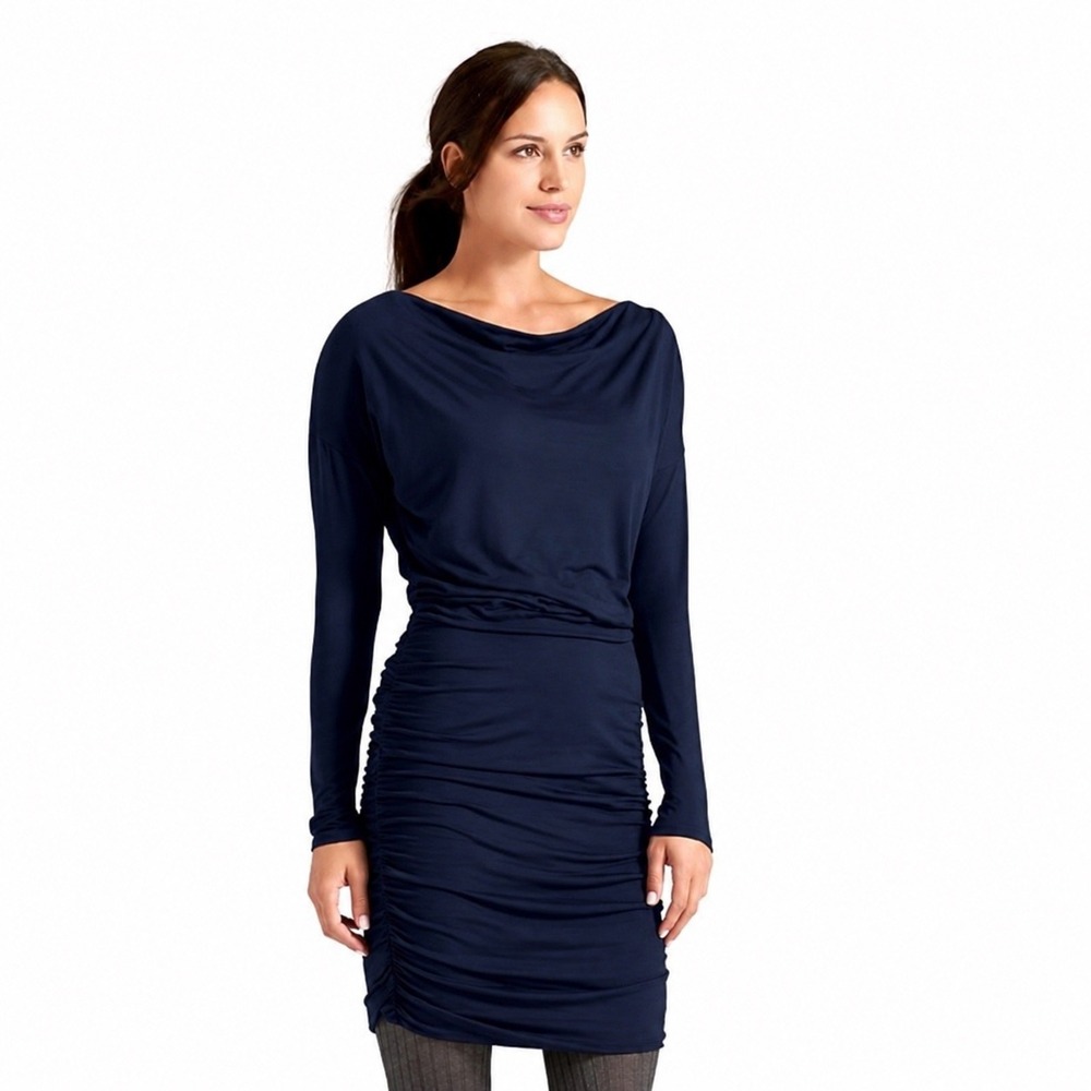 Athleta Navy Blue Ruched Boat Neck Long Sleeve Modal Wool Blend Dress Small